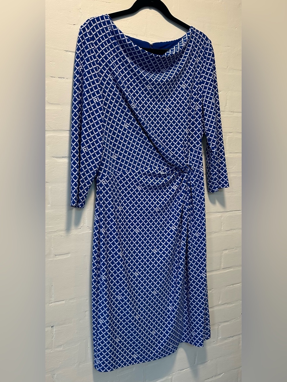 Lauren Ralph Lauren Blue Logo Print Faux Wrap Sheath Dress Sz 12 Career Classic - Picture 5 of 8
